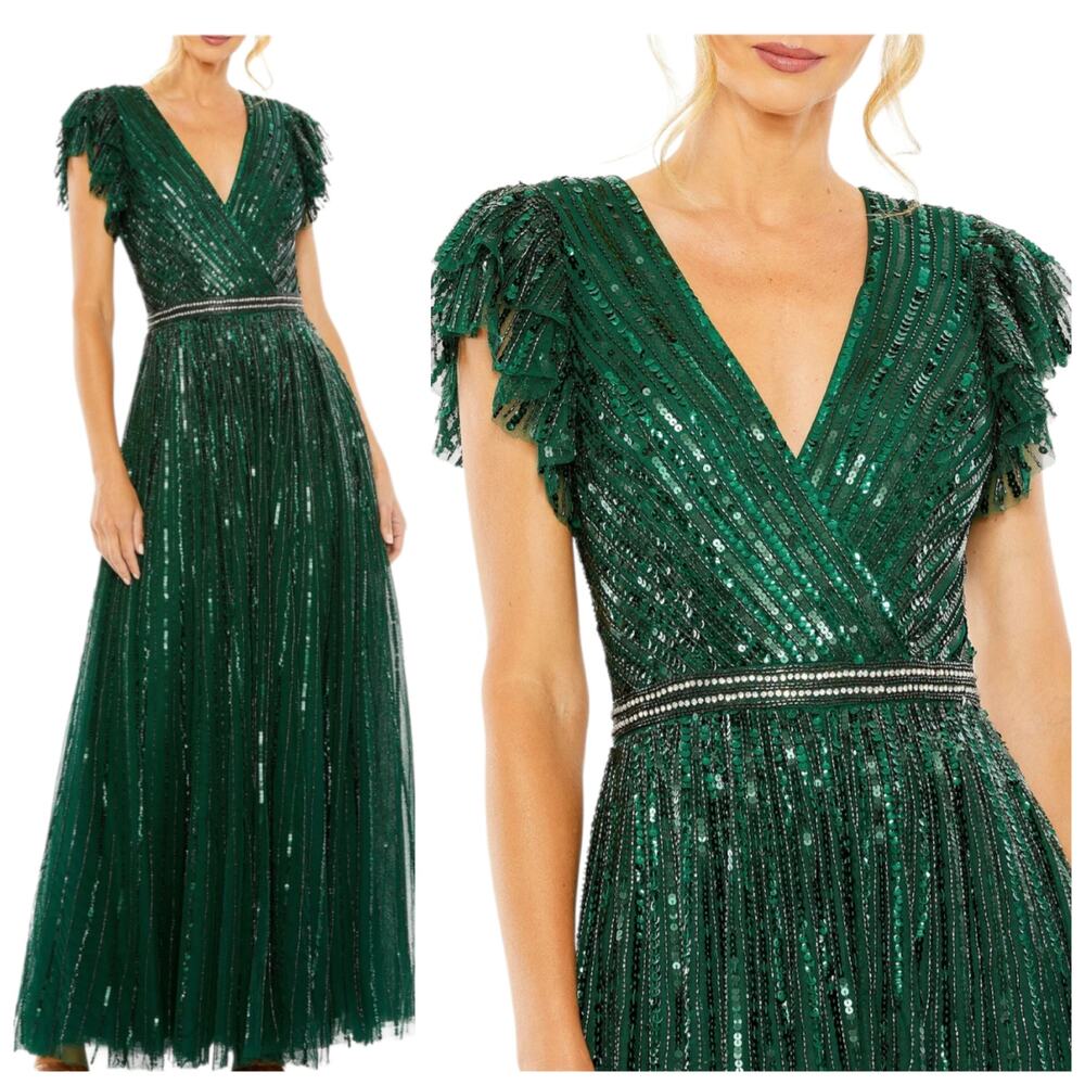 Mac Duggal 5502 Emerald Green Beaded Sequin Wrap Gown Cap Sleeve Dress 12